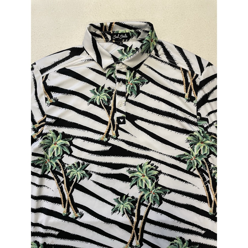 Bad Birdie Polo Shirt Golf Mens Size M Floral Tropical Stretch Palm Tree Zebra
